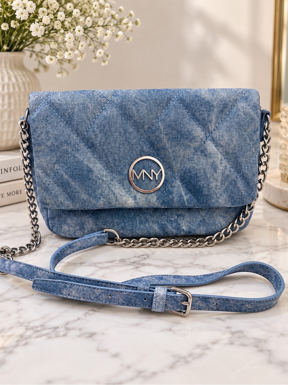 Mark New York Denim Quilted Crossbody Bag Blue Chain Strap Shoulder Purse